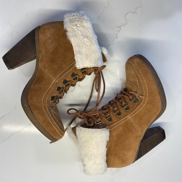 Bjorndal Shoes - Bjorndal Falan Fur Lined Suede Ankle Booties Cognac Size 6